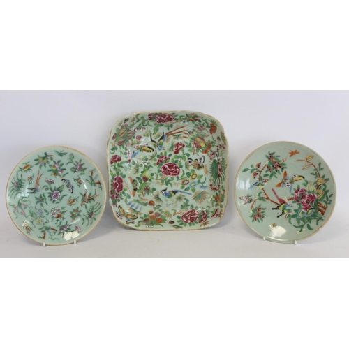 323 - Chinese Canton famille rose square dish with celadon ground, 24cm wide; also two similar plates, eac... 