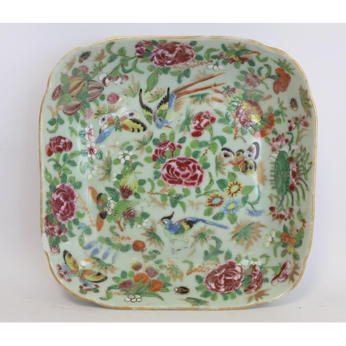 323 - Chinese Canton famille rose square dish with celadon ground, 24cm wide; also two similar plates, eac... 