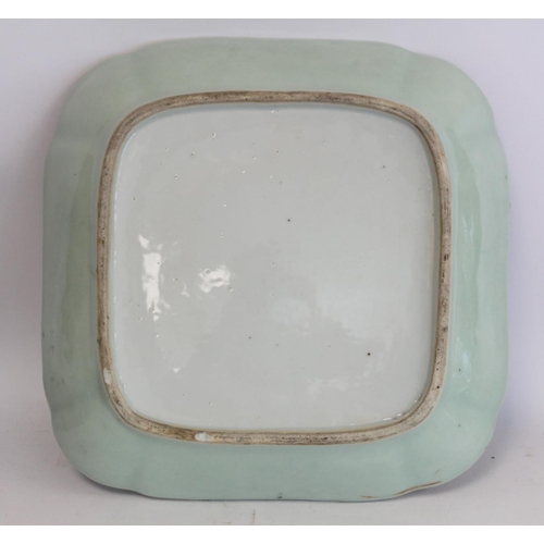 323 - Chinese Canton famille rose square dish with celadon ground, 24cm wide; also two similar plates, eac... 