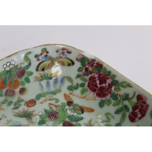 323 - Chinese Canton famille rose square dish with celadon ground, 24cm wide; also two similar plates, eac... 