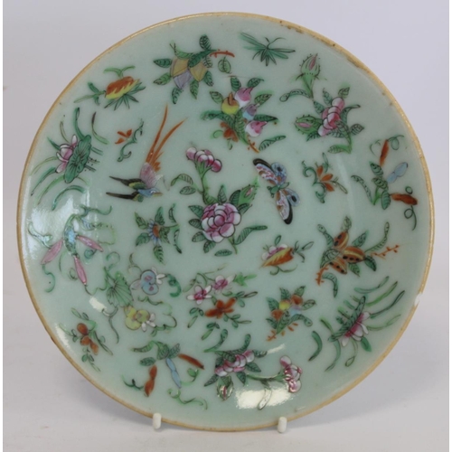 323 - Chinese Canton famille rose square dish with celadon ground, 24cm wide; also two similar plates, eac... 