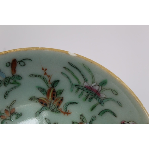 323 - Chinese Canton famille rose square dish with celadon ground, 24cm wide; also two similar plates, eac... 