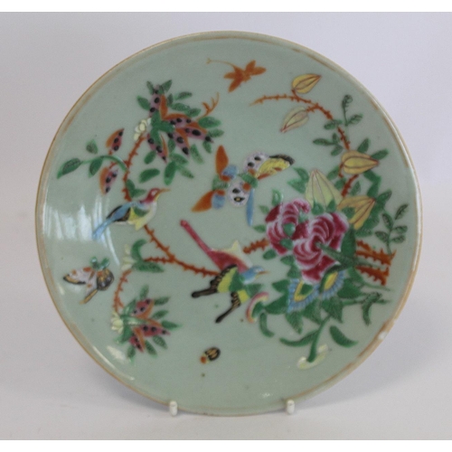 323 - Chinese Canton famille rose square dish with celadon ground, 24cm wide; also two similar plates, eac... 