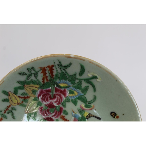 323 - Chinese Canton famille rose square dish with celadon ground, 24cm wide; also two similar plates, eac... 