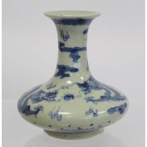 325 - Chinese vase of squat baluster form, the pale celadon ground with underglaze blue decoration of scro... 