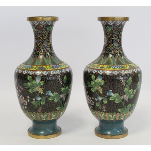 329 - Pair of late 19th/early 20th century Chinese black cloisonné vases of baluster form with polychrome ... 