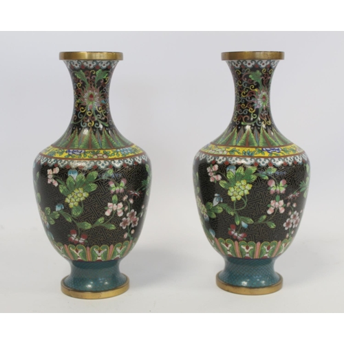 329 - Pair of late 19th/early 20th century Chinese black cloisonné vases of baluster form with polychrome ... 