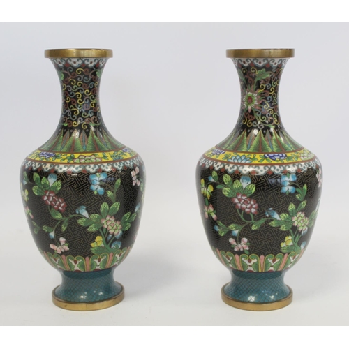 329 - Pair of late 19th/early 20th century Chinese black cloisonné vases of baluster form with polychrome ... 