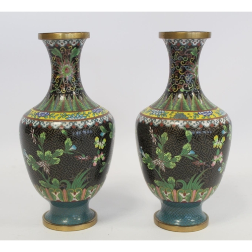 329 - Pair of late 19th/early 20th century Chinese black cloisonné vases of baluster form with polychrome ... 