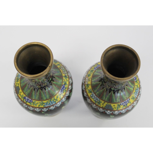 329 - Pair of late 19th/early 20th century Chinese black cloisonné vases of baluster form with polychrome ... 