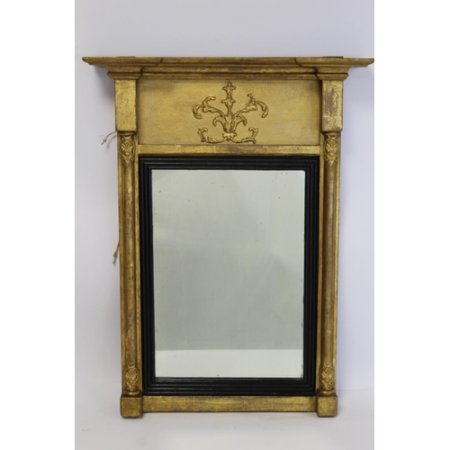 312 - Small Regency gilt pier mirror with foliate scroll motif to pediment, shell motifs to plain columns ... 