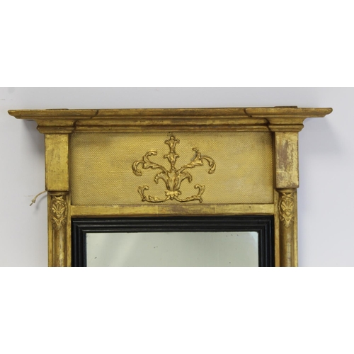 312 - Small Regency gilt pier mirror with foliate scroll motif to pediment, shell motifs to plain columns ... 