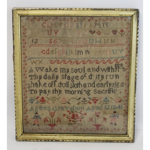 403 - Early Victorian polychrome wool work sampler by Agnes Cravelion (Gravelion?), aged 12, with alphabet... 