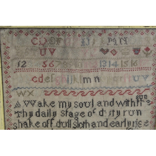 403 - Early Victorian polychrome wool work sampler by Agnes Cravelion (Gravelion?), aged 12, with alphabet... 