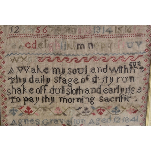 403 - Early Victorian polychrome wool work sampler by Agnes Cravelion (Gravelion?), aged 12, with alphabet... 