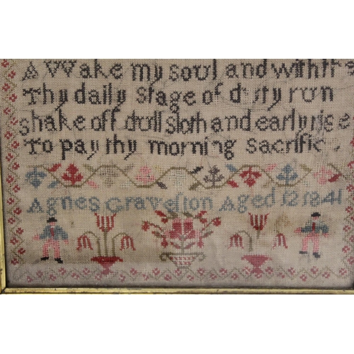 403 - Early Victorian polychrome wool work sampler by Agnes Cravelion (Gravelion?), aged 12, with alphabet... 