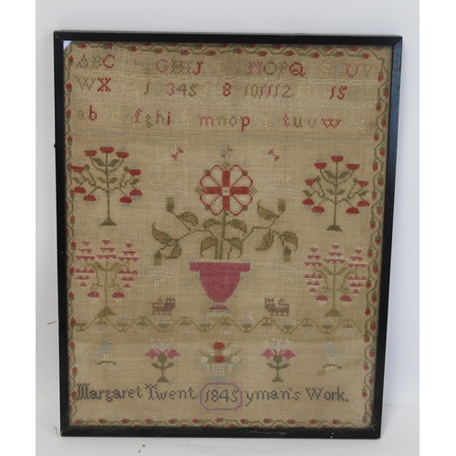 404 - Early Victorian sampler by Margaret Twentyman worked in polychrome threads on natural scrim ground w... 