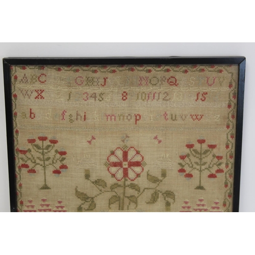 404 - Early Victorian sampler by Margaret Twentyman worked in polychrome threads on natural scrim ground w... 