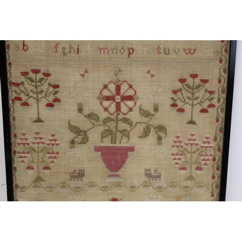 404 - Early Victorian sampler by Margaret Twentyman worked in polychrome threads on natural scrim ground w... 