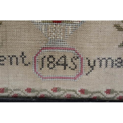 404 - Early Victorian sampler by Margaret Twentyman worked in polychrome threads on natural scrim ground w... 