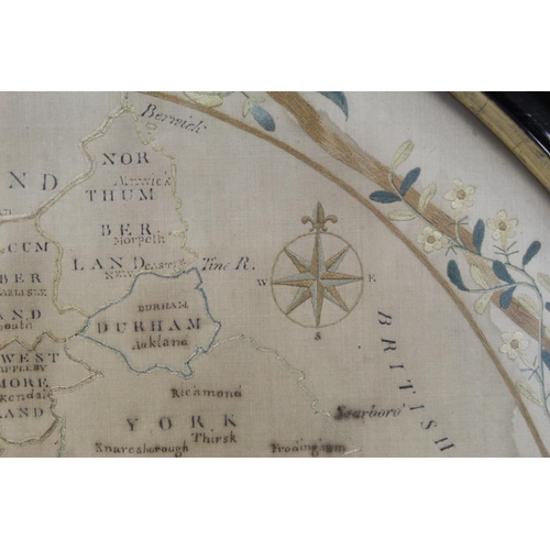 406 - Georgian embroidered map of England and Wales worked in polychrome silk threads on natural fine silk... 