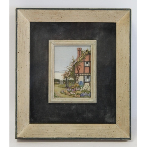 407 - 1950's miniature hand painted and embroidered picture of a country cottage and garden, watercolour o... 