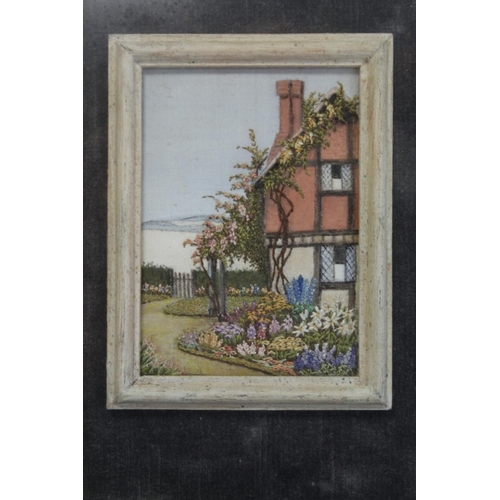 407 - 1950's miniature hand painted and embroidered picture of a country cottage and garden, watercolour o... 