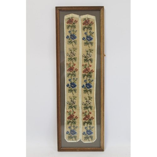 408 - Pair of Victorian needlework panels worked in polychrome silk threads on natural scrim grounds, with... 