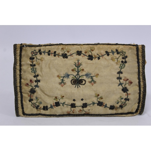 409 - Georgian silk purse of rectangular form, the cream duchess satin with polychrome silk embroidered fo... 