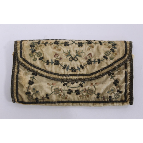 409 - Georgian silk purse of rectangular form, the cream duchess satin with polychrome silk embroidered fo... 