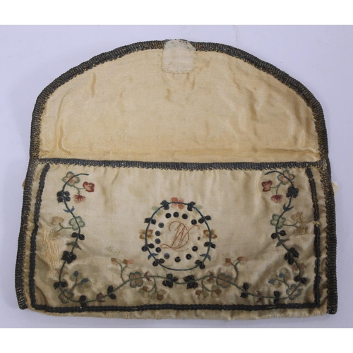 409 - Georgian silk purse of rectangular form, the cream duchess satin with polychrome silk embroidered fo... 