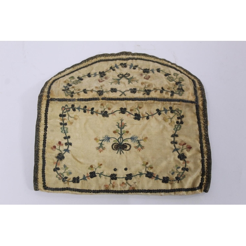 409 - Georgian silk purse of rectangular form, the cream duchess satin with polychrome silk embroidered fo... 