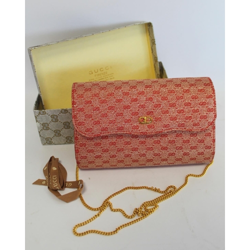 413 - Vintage Gucci lady's evening bag in red metallic monogrammed fabric, 19cm diam. with original box an... 