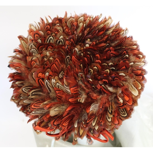 414 - Vintage lady's formal hat, the iron red satin crown covered in red and brown feathers; a vintage sil... 