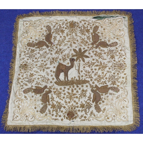 424 - 19th/or early 20th century Middle Eastern embroidered silk panel, the cream ground worked in metalli... 