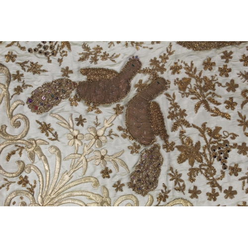 424 - 19th/or early 20th century Middle Eastern embroidered silk panel, the cream ground worked in metalli... 