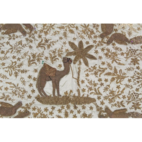 424 - 19th/or early 20th century Middle Eastern embroidered silk panel, the cream ground worked in metalli... 