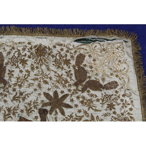 424 - 19th/or early 20th century Middle Eastern embroidered silk panel, the cream ground worked in metalli... 