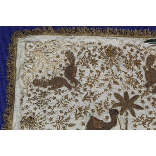 424 - 19th/or early 20th century Middle Eastern embroidered silk panel, the cream ground worked in metalli... 