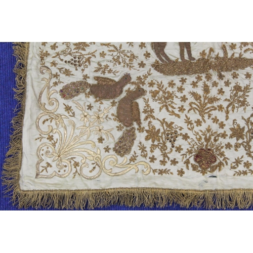 424 - 19th/or early 20th century Middle Eastern embroidered silk panel, the cream ground worked in metalli... 