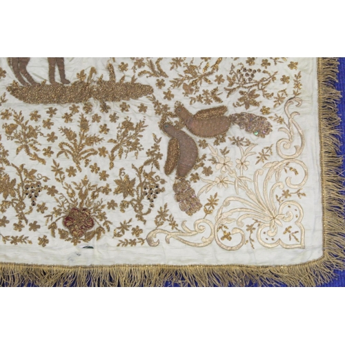 424 - 19th/or early 20th century Middle Eastern embroidered silk panel, the cream ground worked in metalli... 