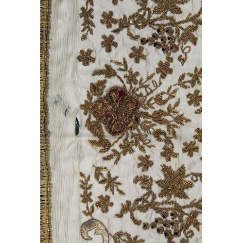 424 - 19th/or early 20th century Middle Eastern embroidered silk panel, the cream ground worked in metalli... 