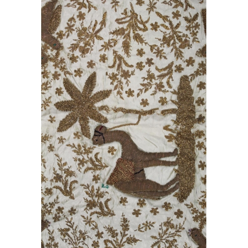 424 - 19th/or early 20th century Middle Eastern embroidered silk panel, the cream ground worked in metalli... 