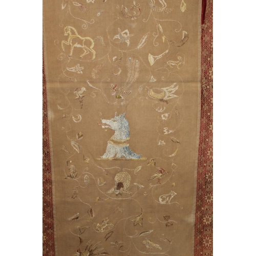 427 - Antique bedspread with three appliqued embroidered panels, the natural scrim fields worked in silk t... 