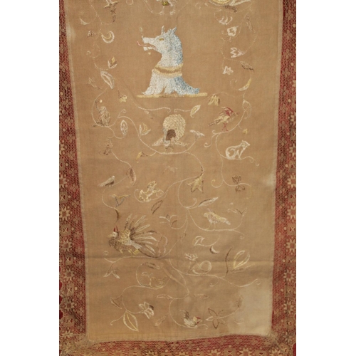 427 - Antique bedspread with three appliqued embroidered panels, the natural scrim fields worked in silk t... 