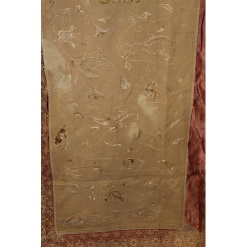 427 - Antique bedspread with three appliqued embroidered panels, the natural scrim fields worked in silk t... 