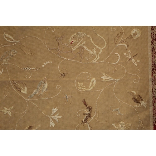 427 - Antique bedspread with three appliqued embroidered panels, the natural scrim fields worked in silk t... 