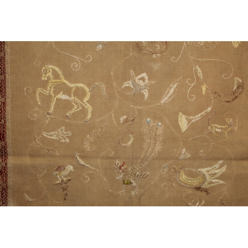 427 - Antique bedspread with three appliqued embroidered panels, the natural scrim fields worked in silk t... 