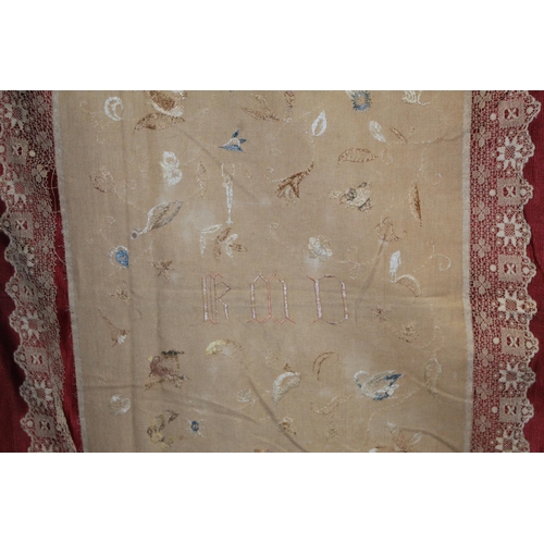 427 - Antique bedspread with three appliqued embroidered panels, the natural scrim fields worked in silk t... 