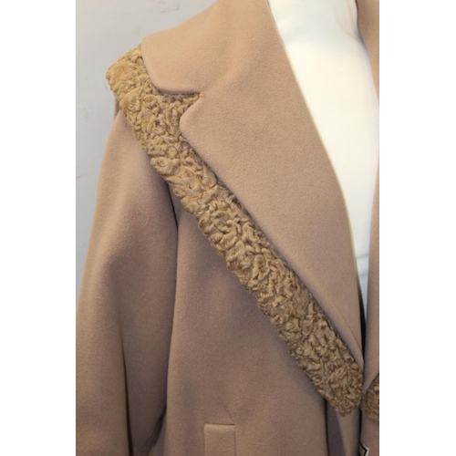 439 - Brenner's vintage lady's camel wool swing coat, with astrakhan wool trim to collar.